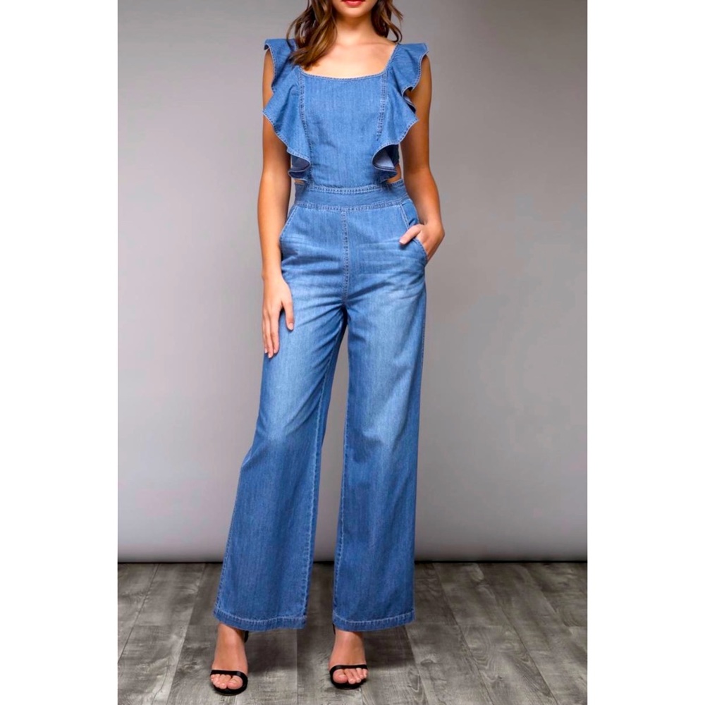 Ruffled Chambray Wide-Leg Jumpsuit - Blue